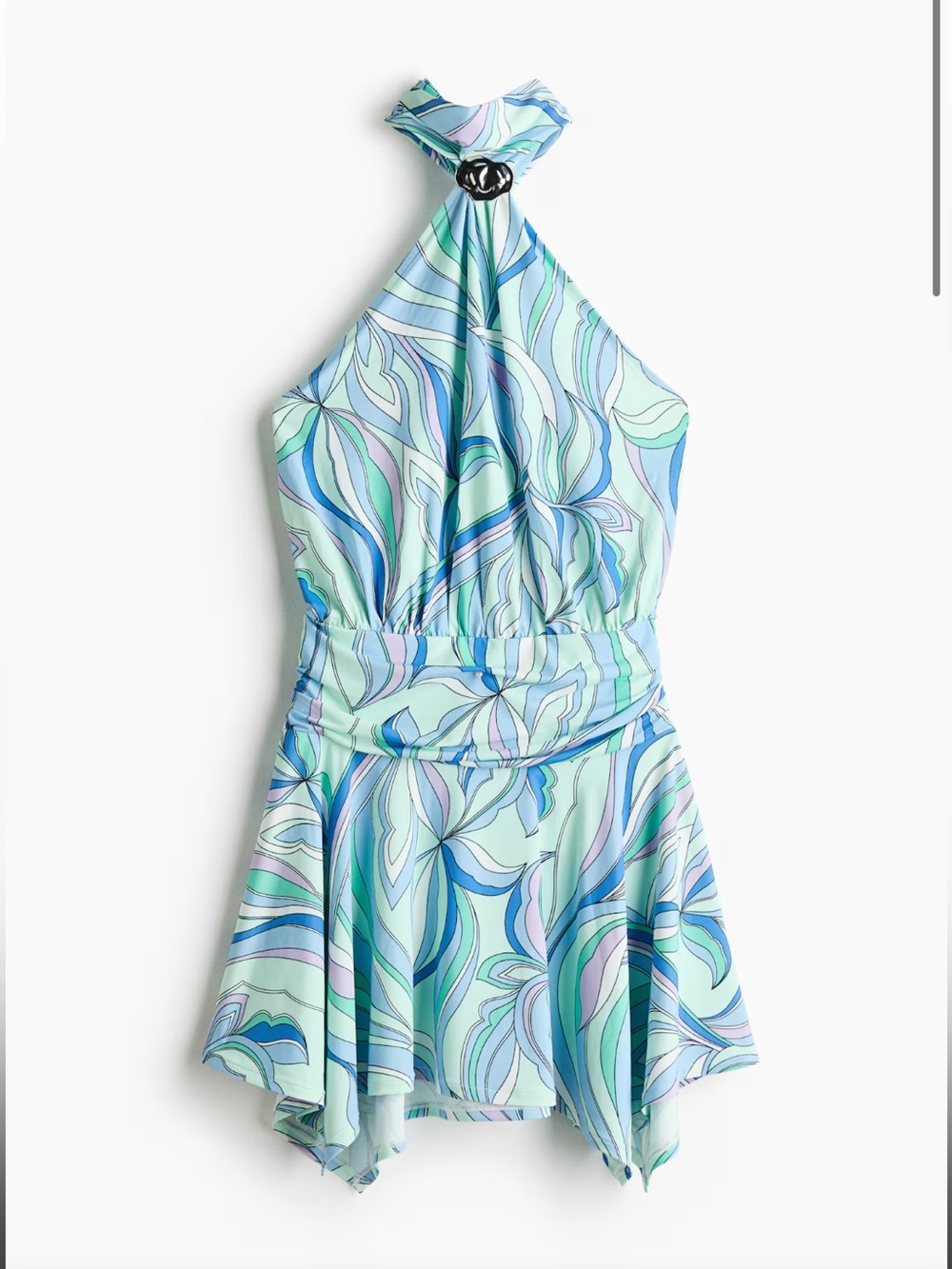 Viral Retro Swirl Halter Mini Dress in Aqua & Blue with silver accent